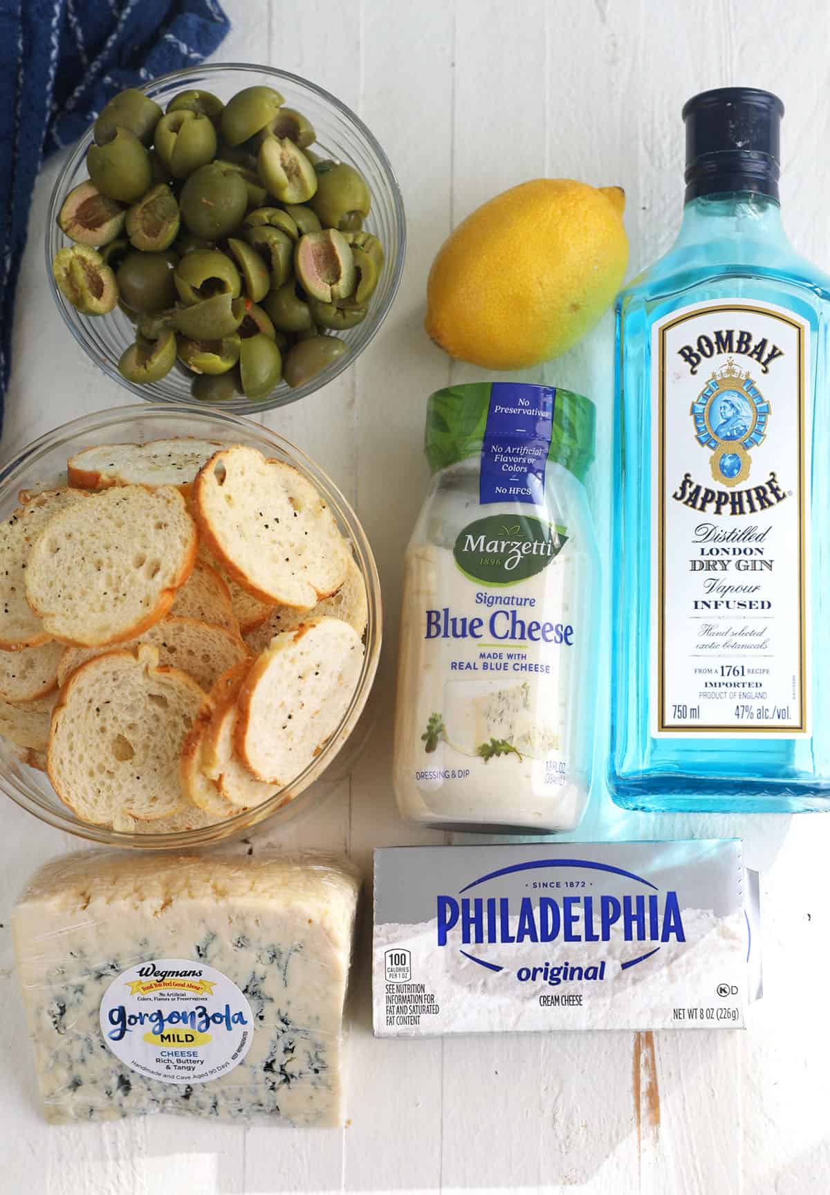 Overhead view of ingredients for dirty martini dip