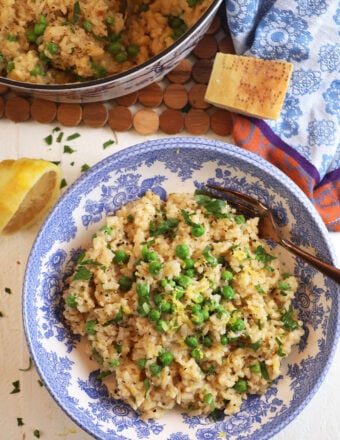 Overhead view of garlic Parmesan risotto in bowl