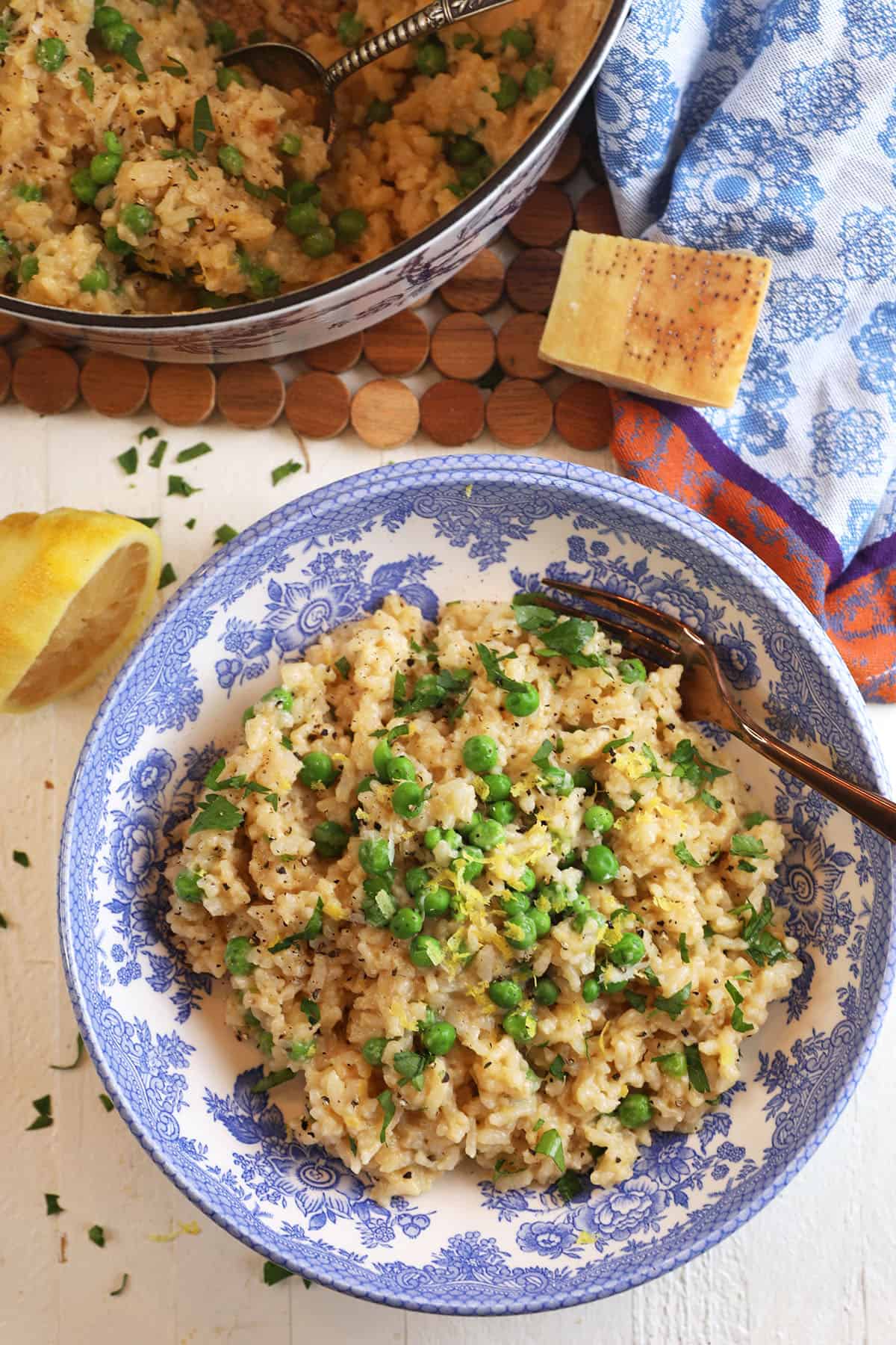 Overhead view of garlic Parmesan risotto in bowl