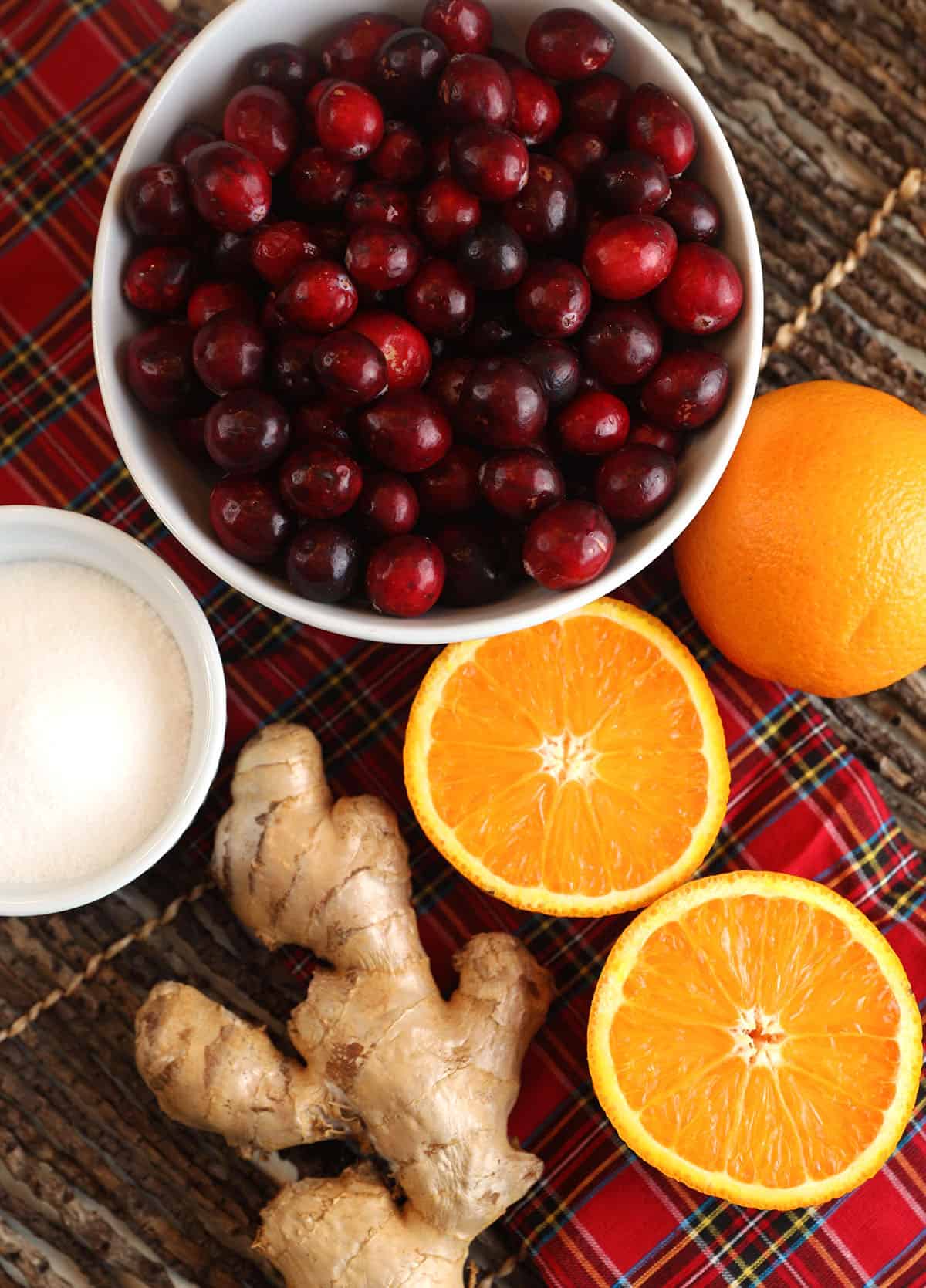 Overhead view of ingredients for ginger cranberry jam