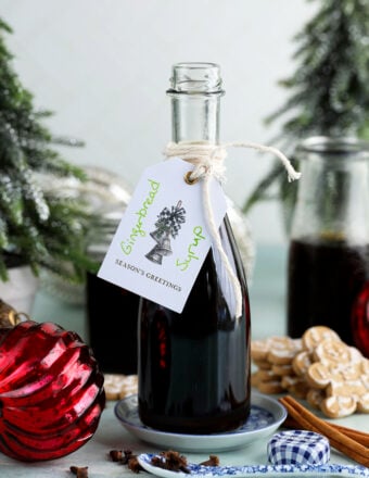 Bottle of homemade gingerbread syrup with tag