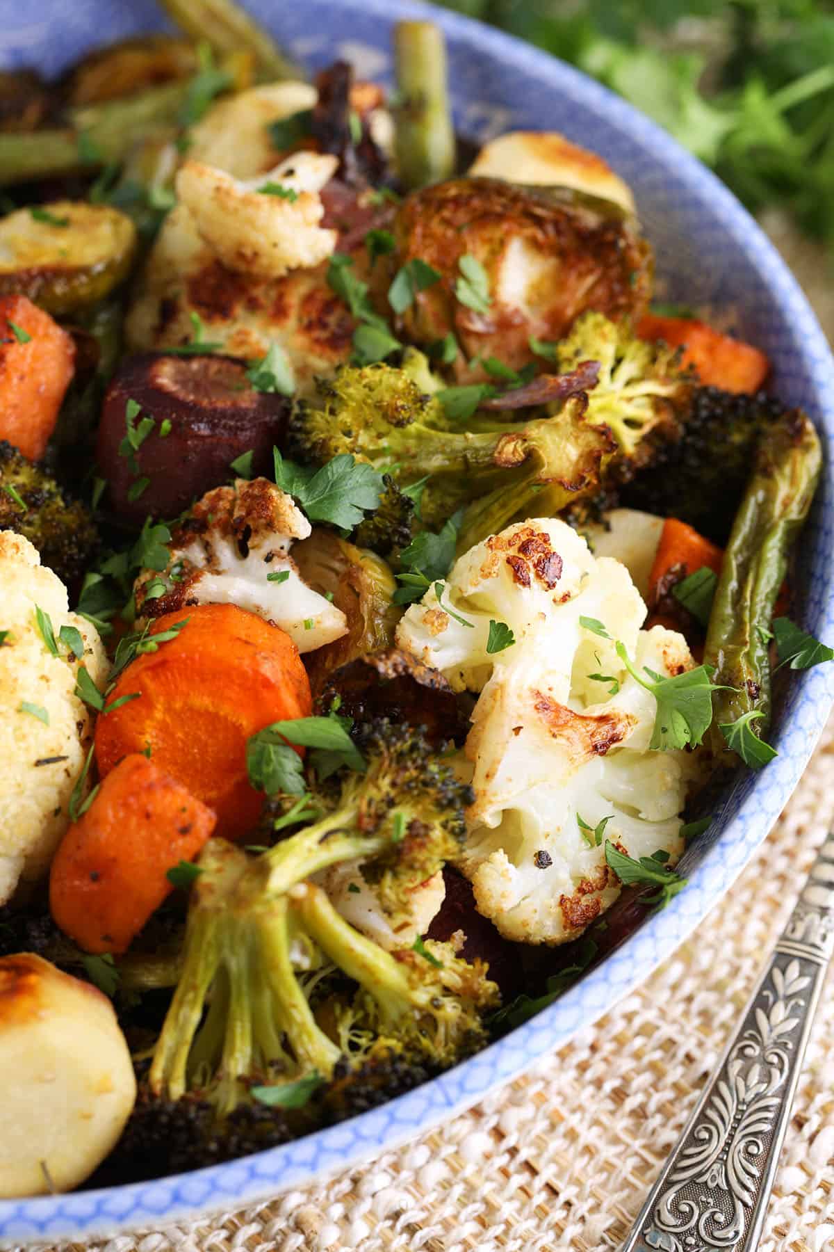 Closeup of balsamic roasted vegetables in serving bowl