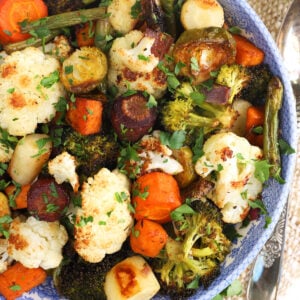 Overhead view of balsamic roasted vegetables in serving bowl