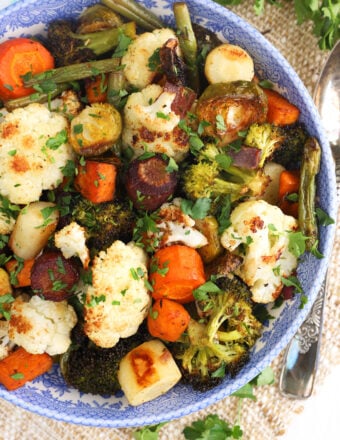 Overhead view of balsamic roasted vegetables in serving bowl