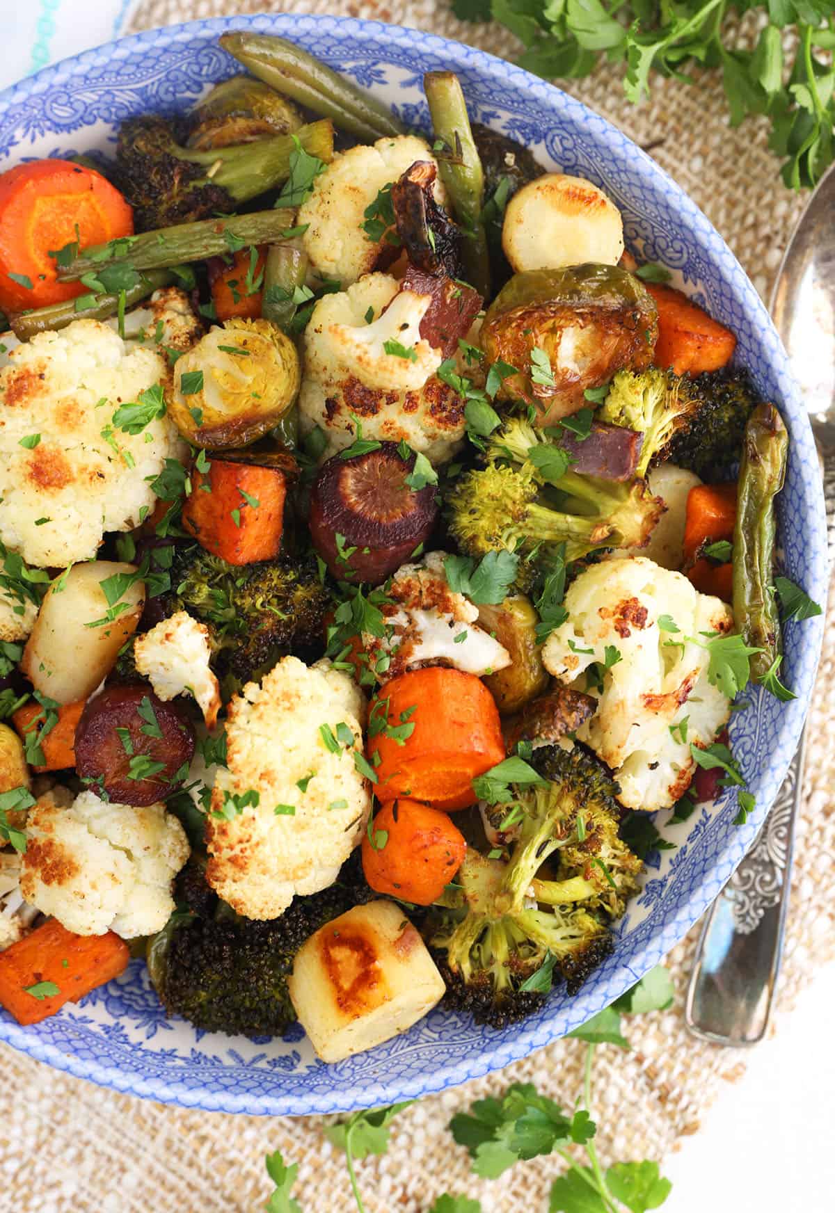 Overhead view of balsamic roasted vegetables in serving bowl