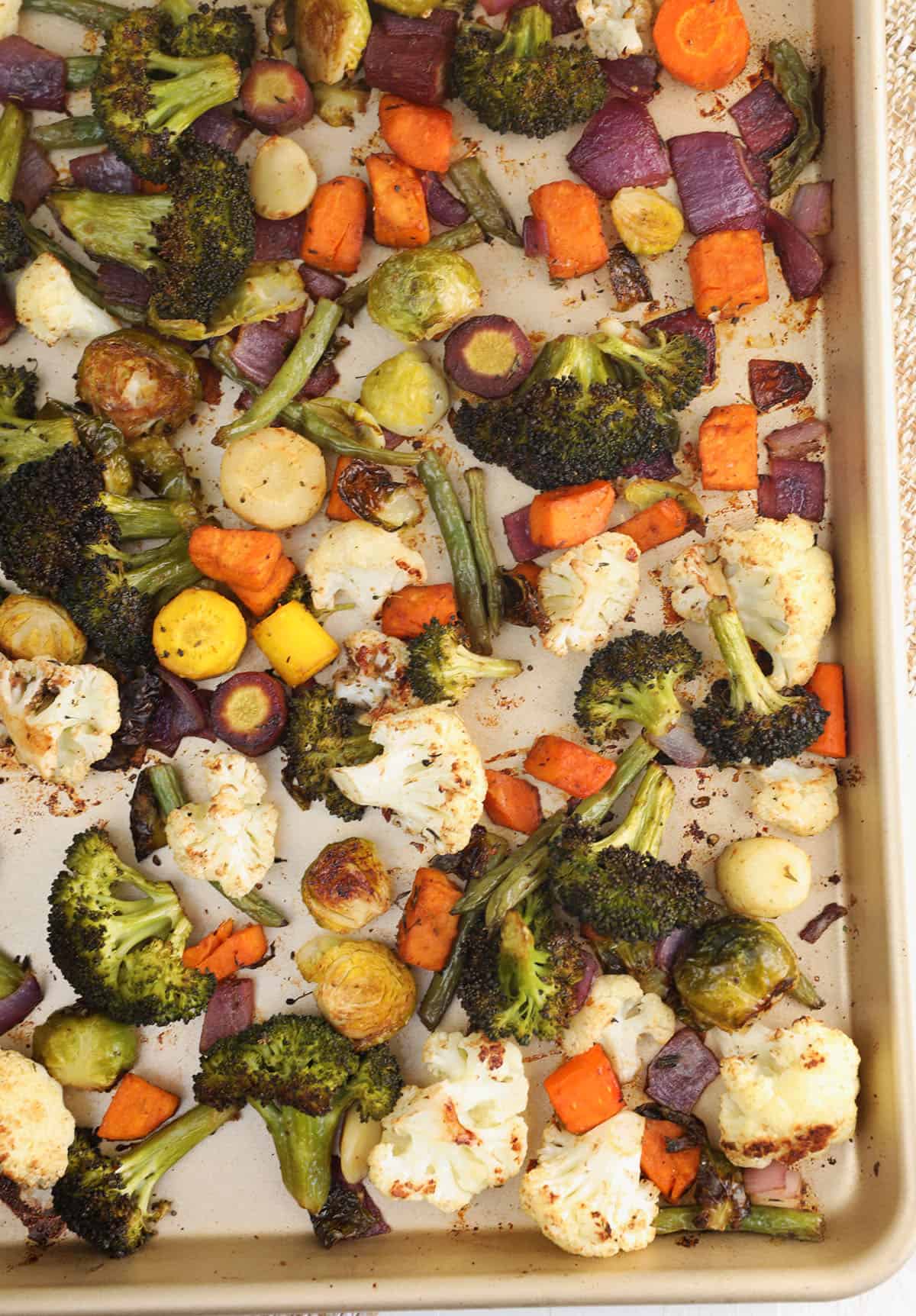 Overhead view of balsamic roasted vegetables on pan