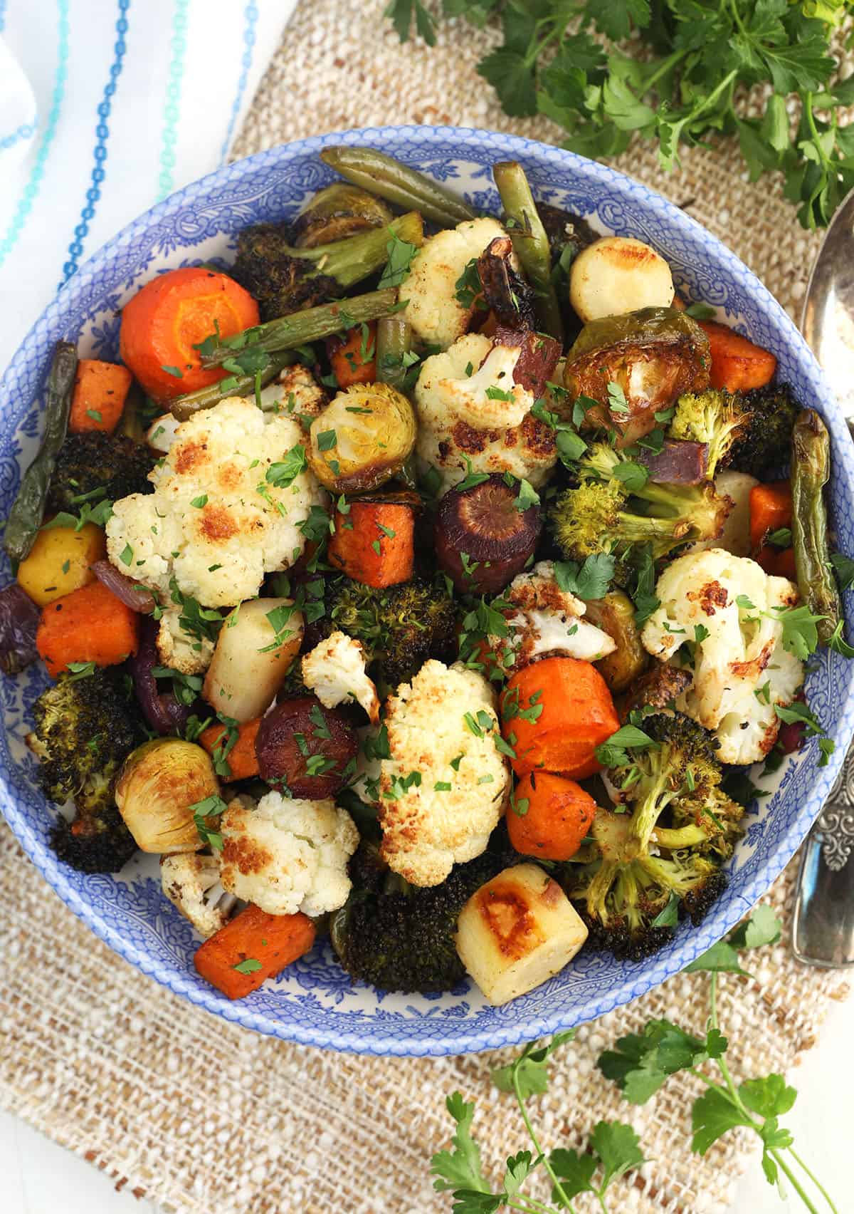 Overhead view of balsamic roasted vegetables in serving bowl