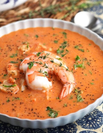 Creamy shrimp bisque in bowl