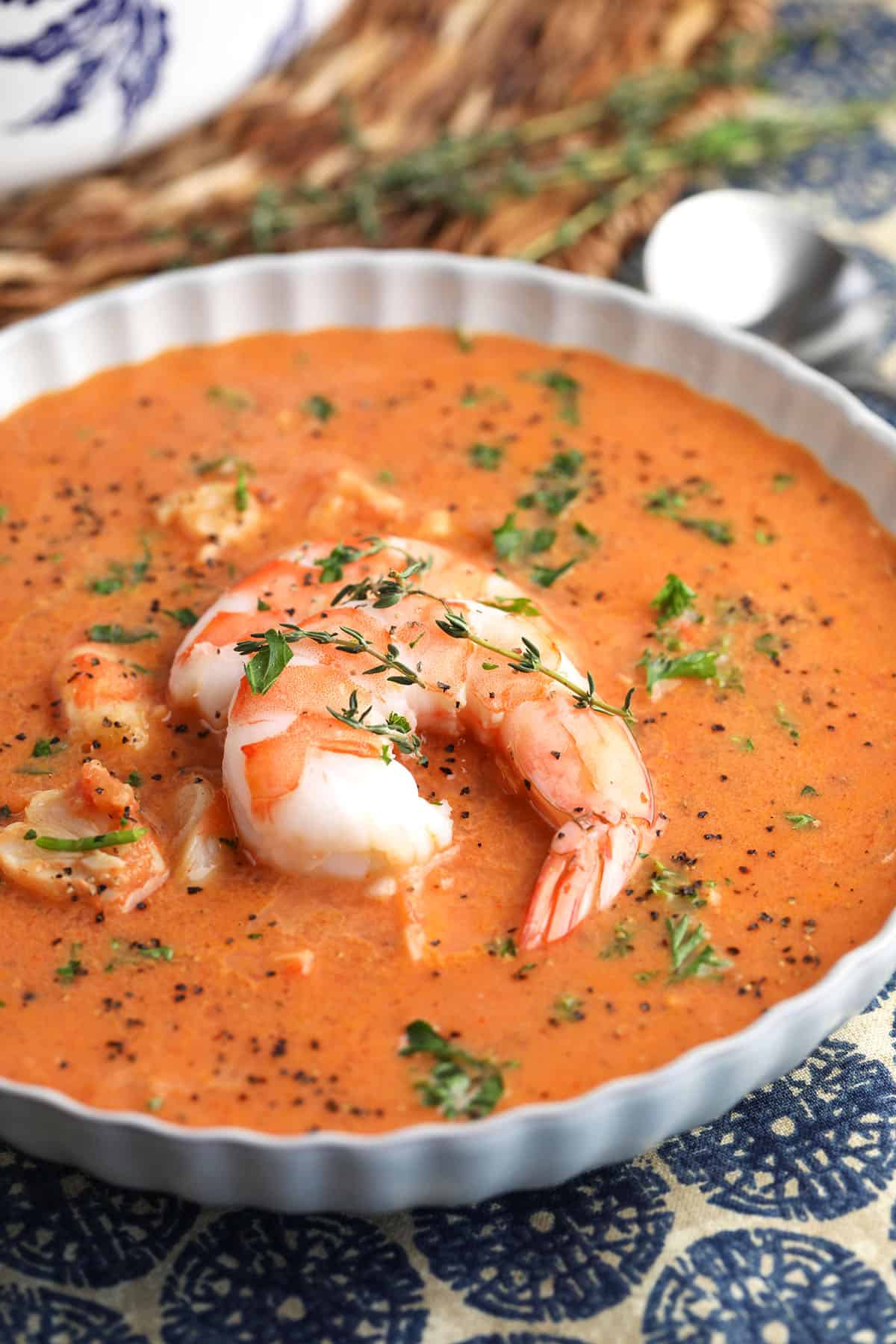 Creamy shrimp bisque in bowl