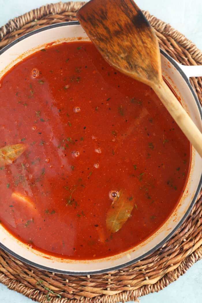 Shrimp bisque simmering in pot