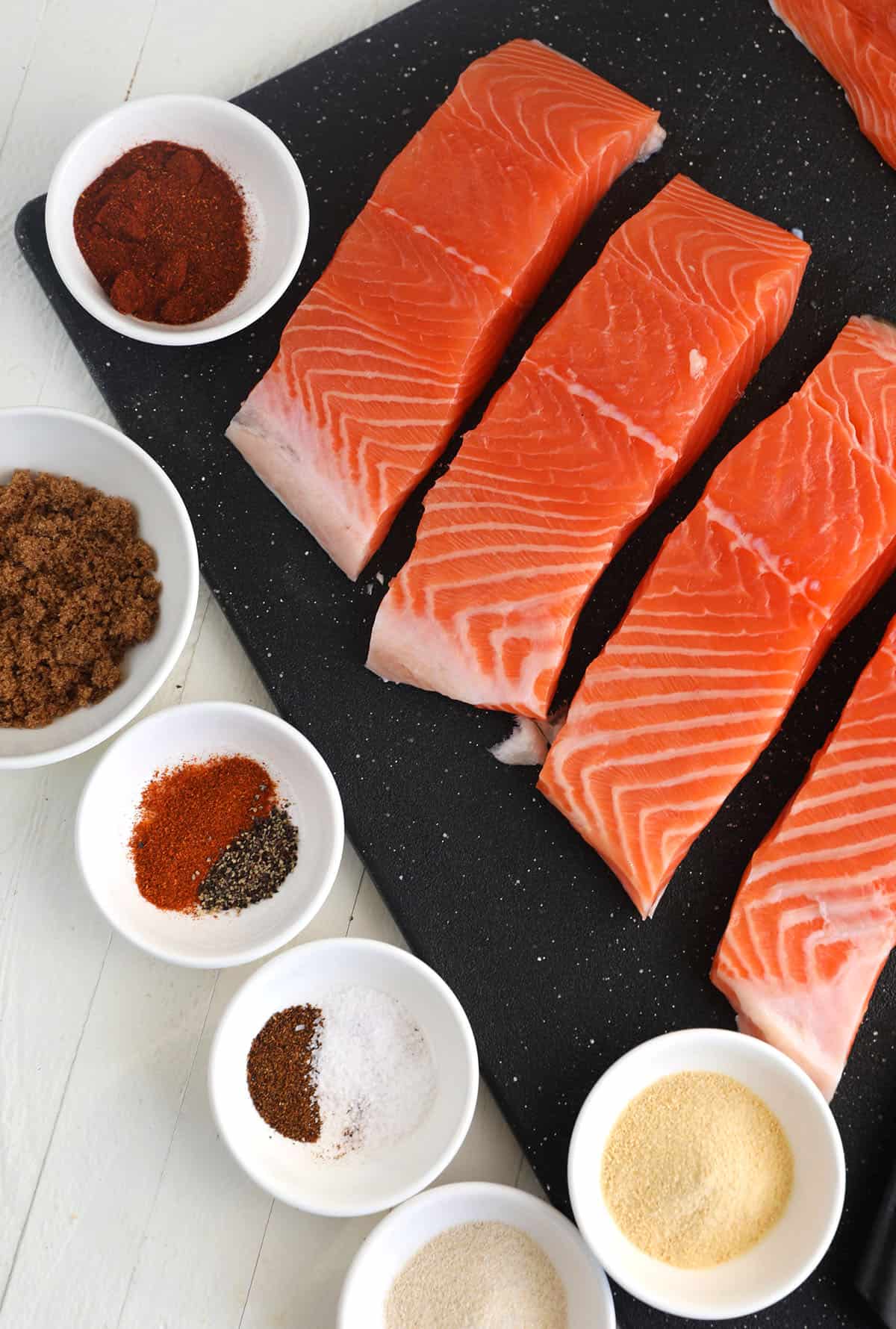 Overhead view of air fryer salmon ingredients