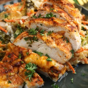 Cheesy chicken and rice casserole on plate