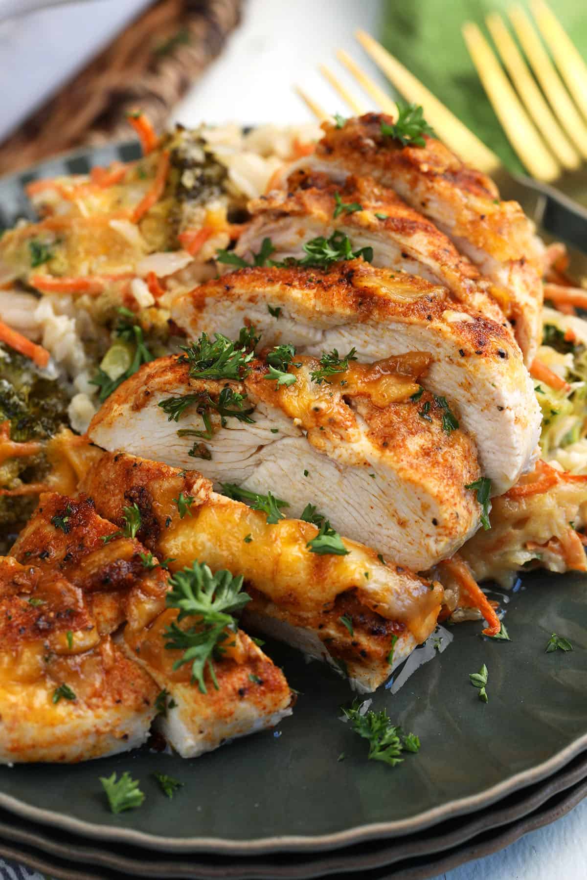 Cheesy chicken and rice casserole on plate