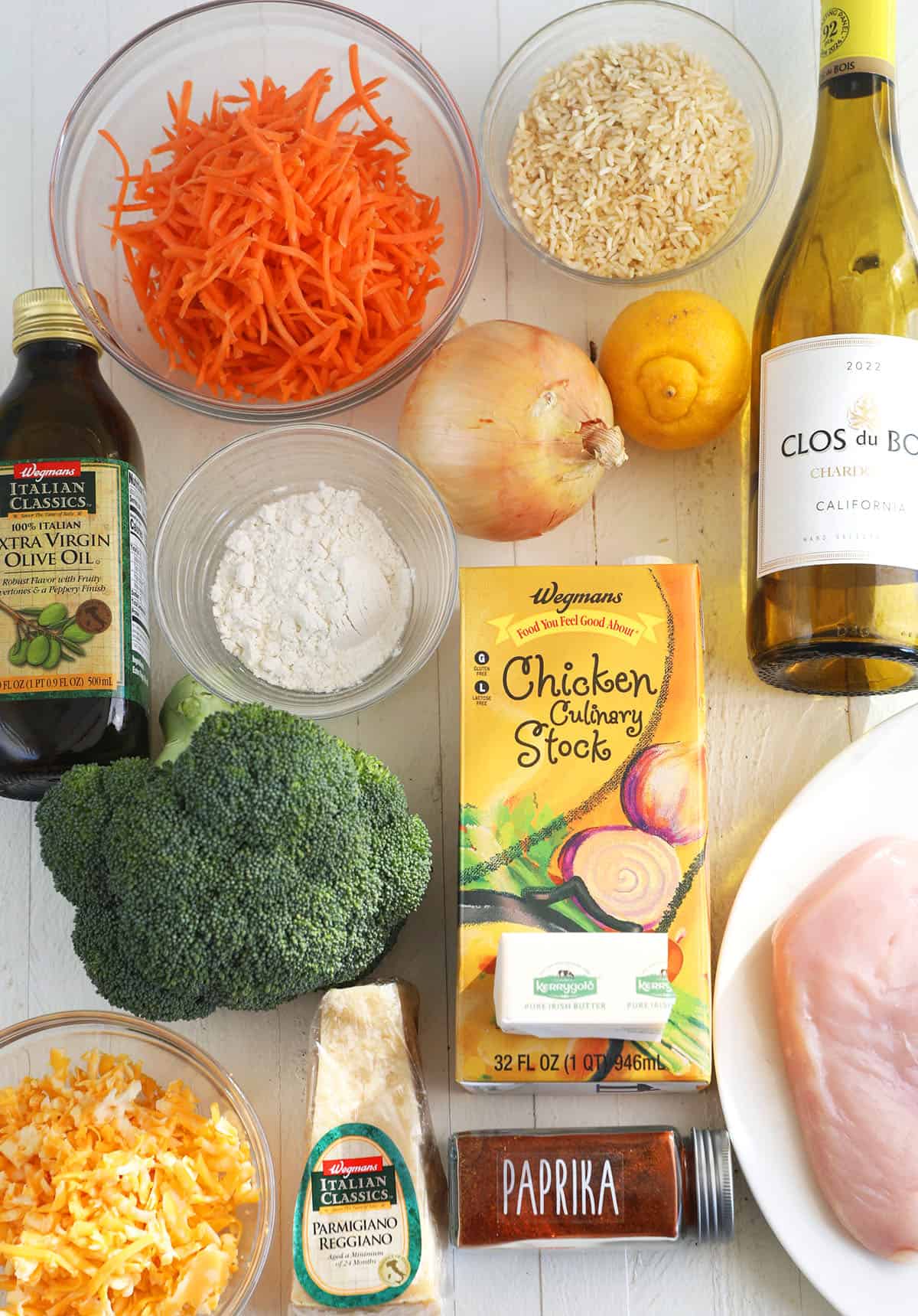 Overhead view of ingredients for cheesy chicken and rice casserole