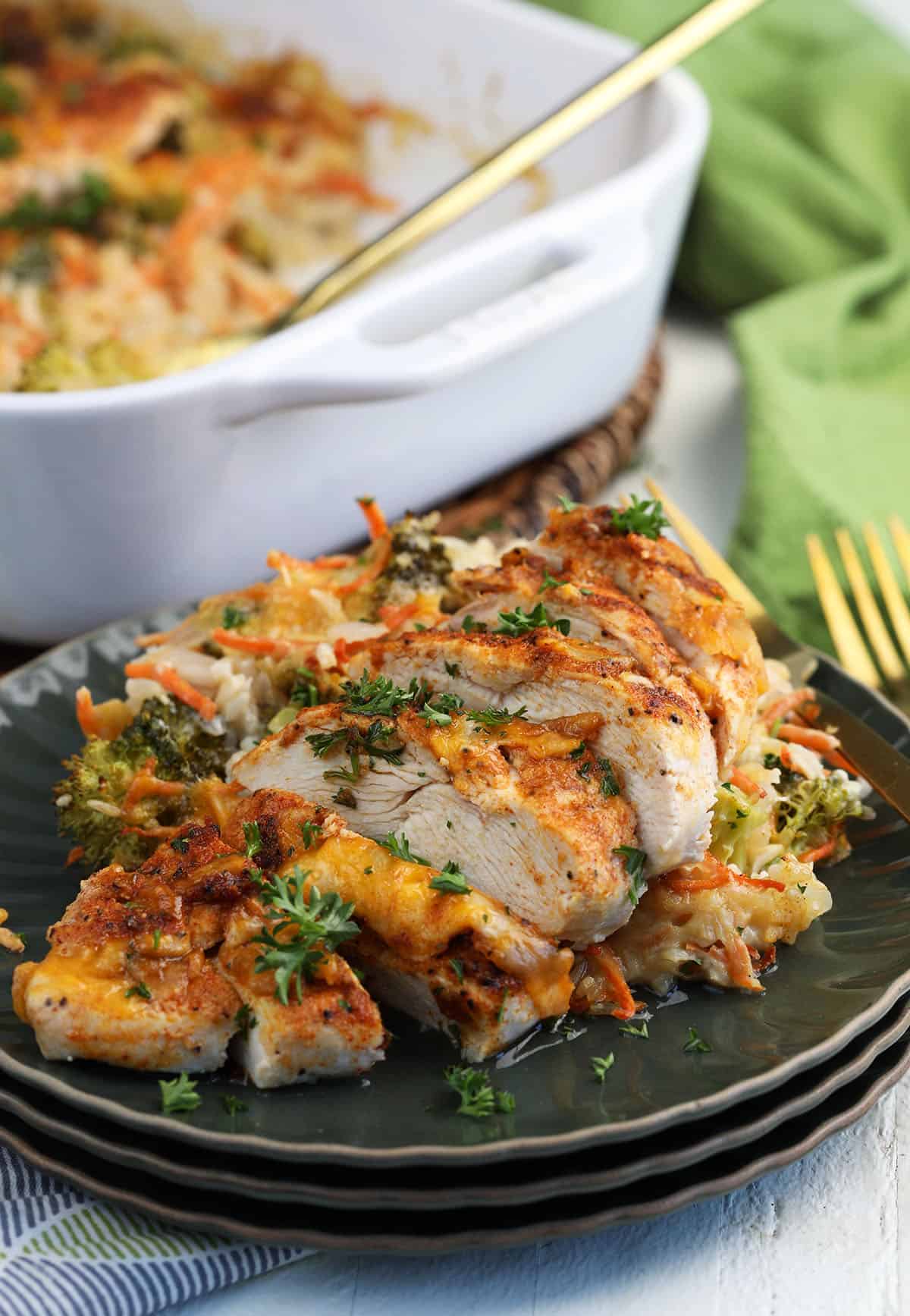 Cheesy chicken and rice casserole on plate