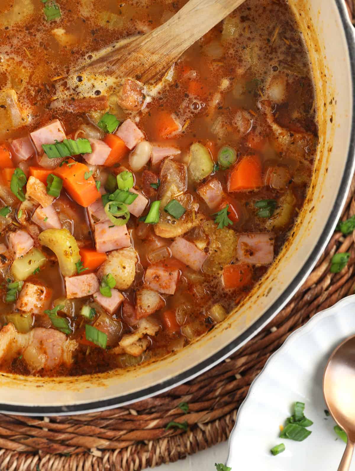 Overhead view of navy bean soup in pot