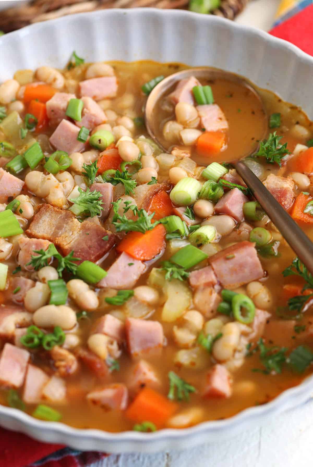 Navy bean soup with ham in bowl