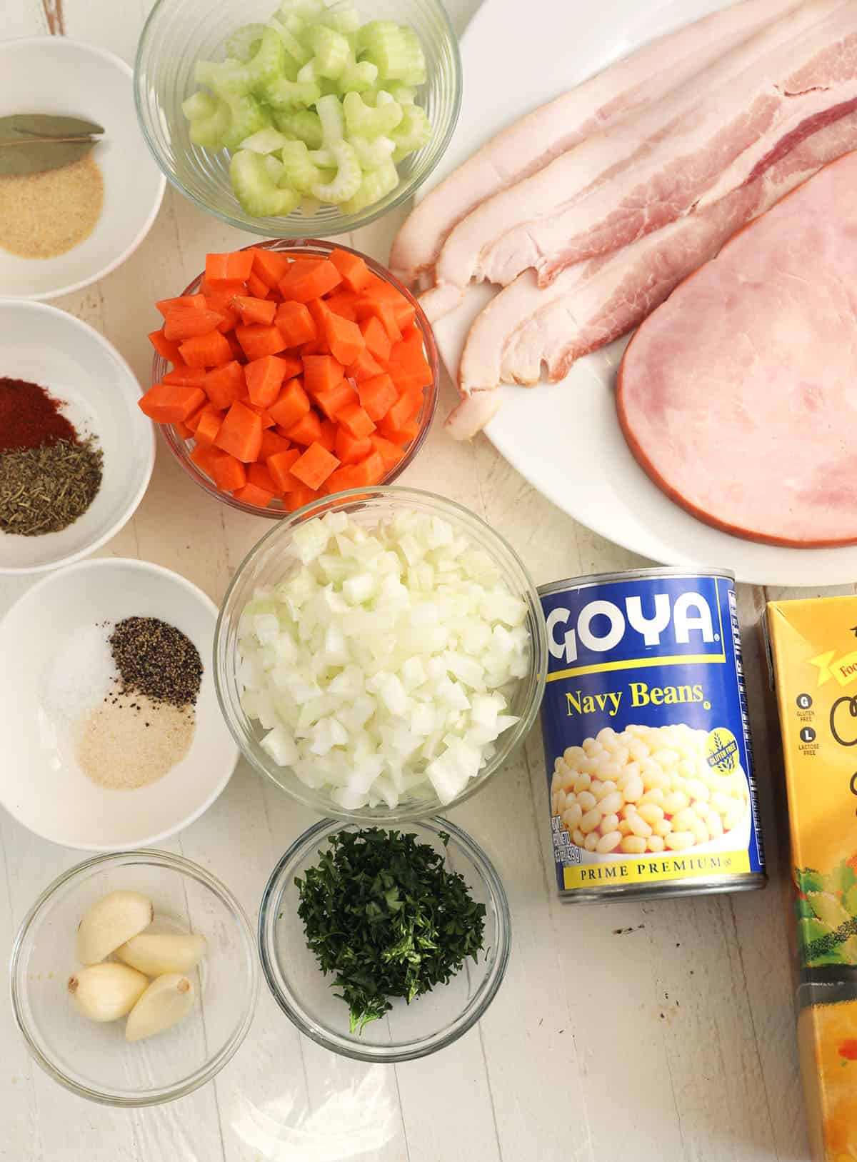 Overhead view of ingredients for navy bean soup