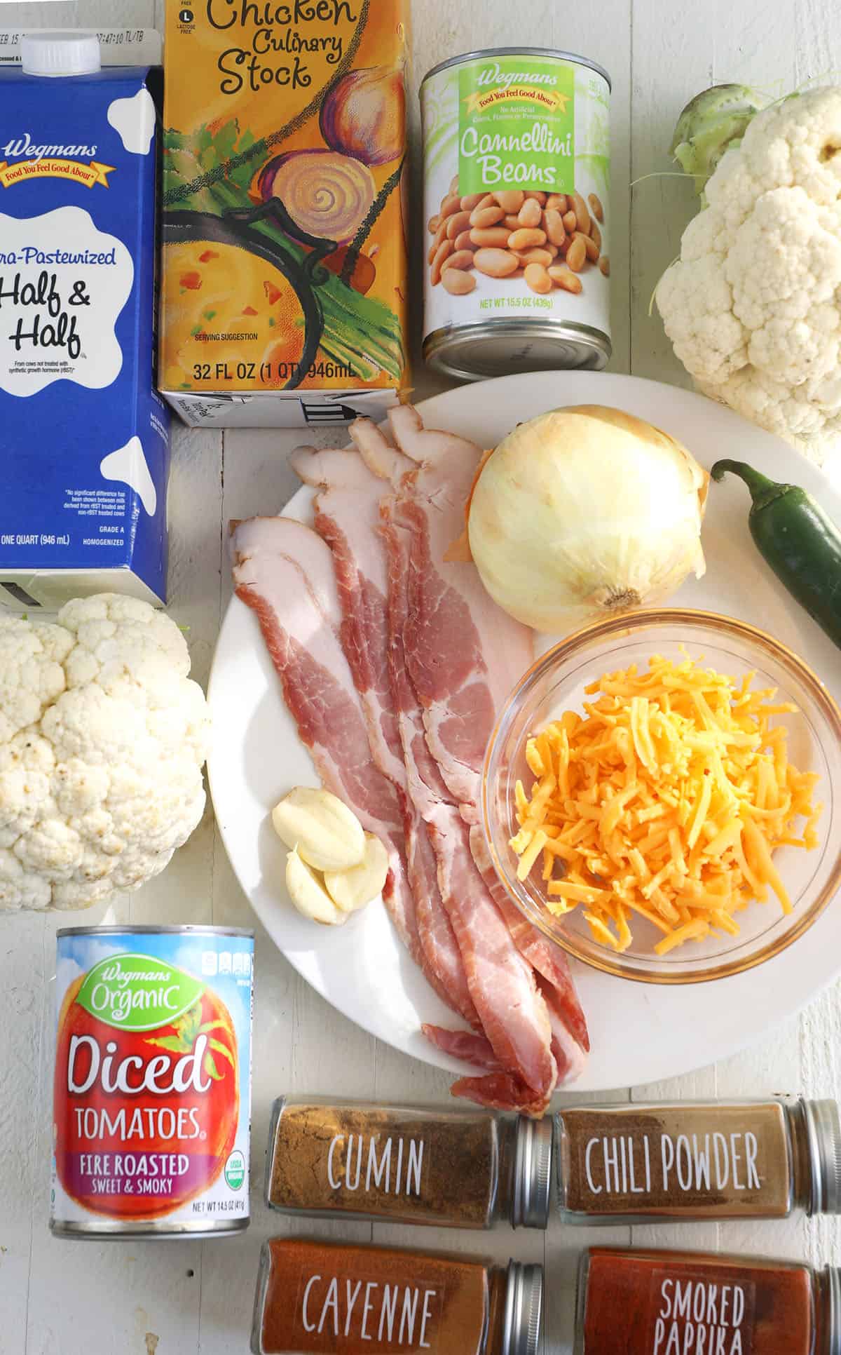 Overhead view of ingredients for Southwestern creamy cauliflower soup