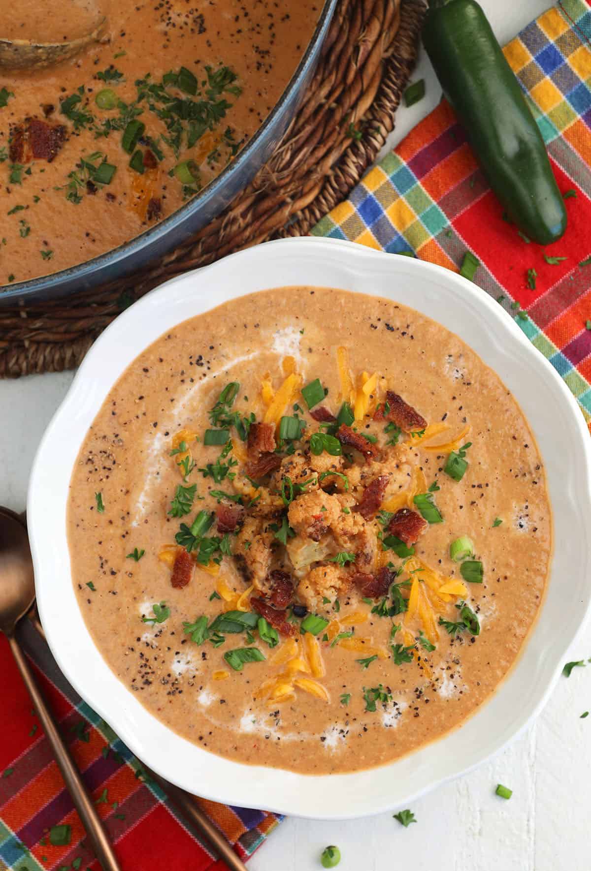 Overhead view of Southwestern creamy cauliflower soup in bowl