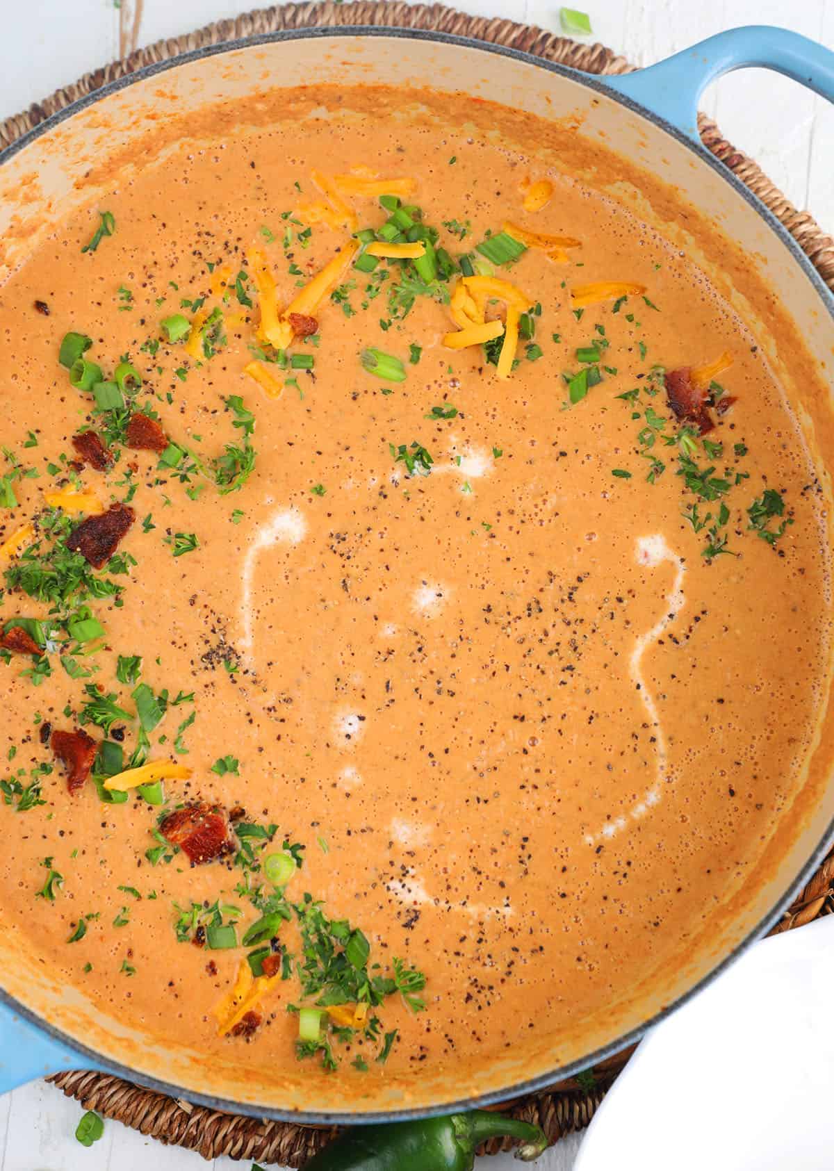 Overhead view of Southwestern creamy cauliflower soup in pot