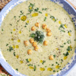 Overhead view of cream of broccoli soup in bowl