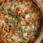 Overhead view of baked French onion pasta in pot