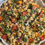 Overhead view of cowboy pasta salad in bowl