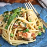 Plate of chicken carbonara pasta
