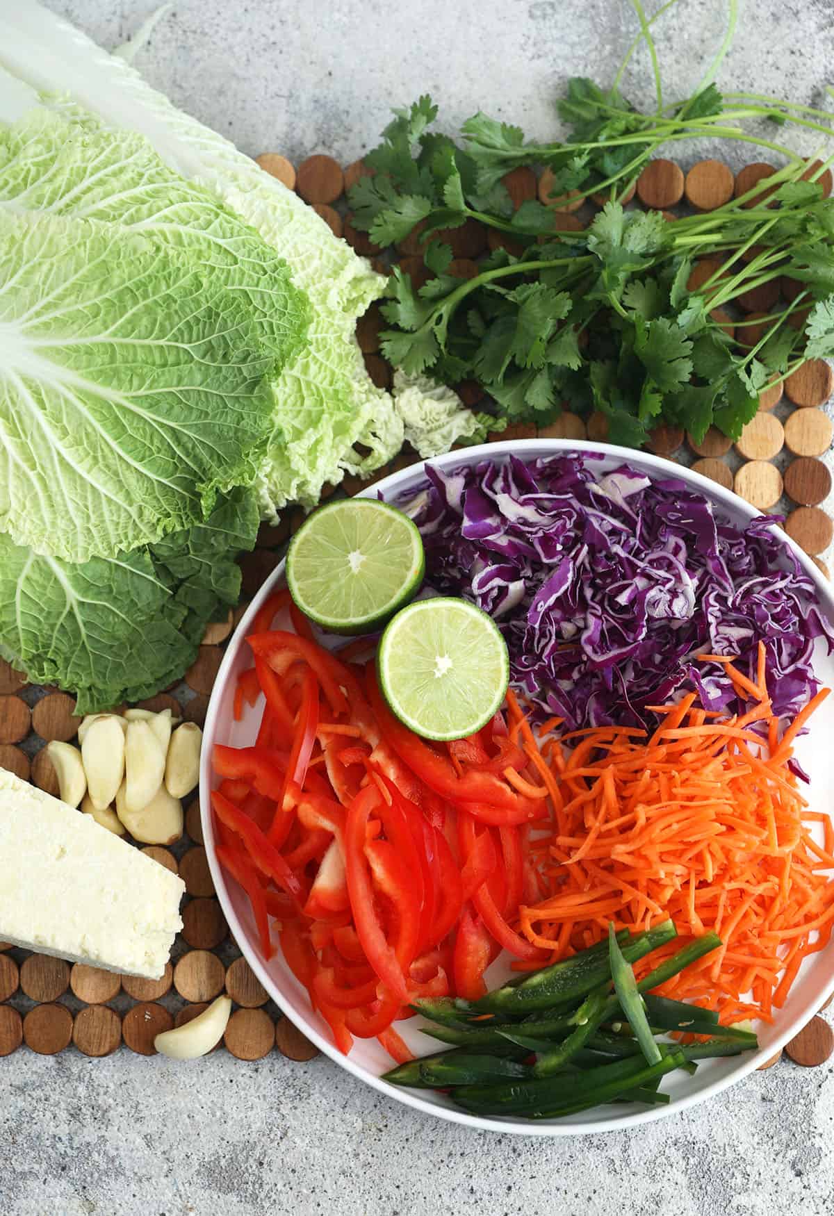 Overhead view of Mexican coleslaw ingredients