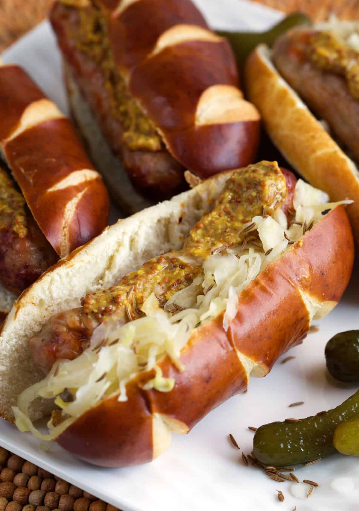 Bratwurst on a long pretzel roll