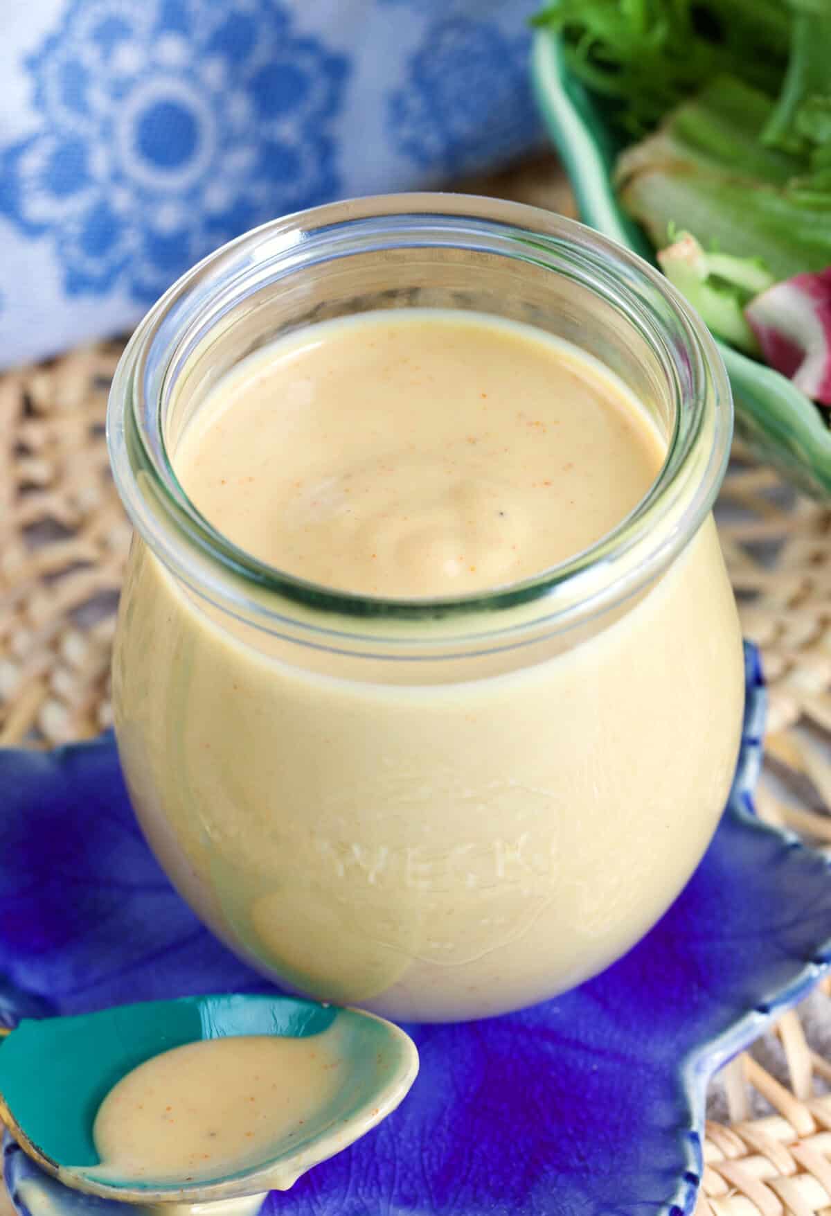 Tahini Salad Dressing in a weck tulip jar.