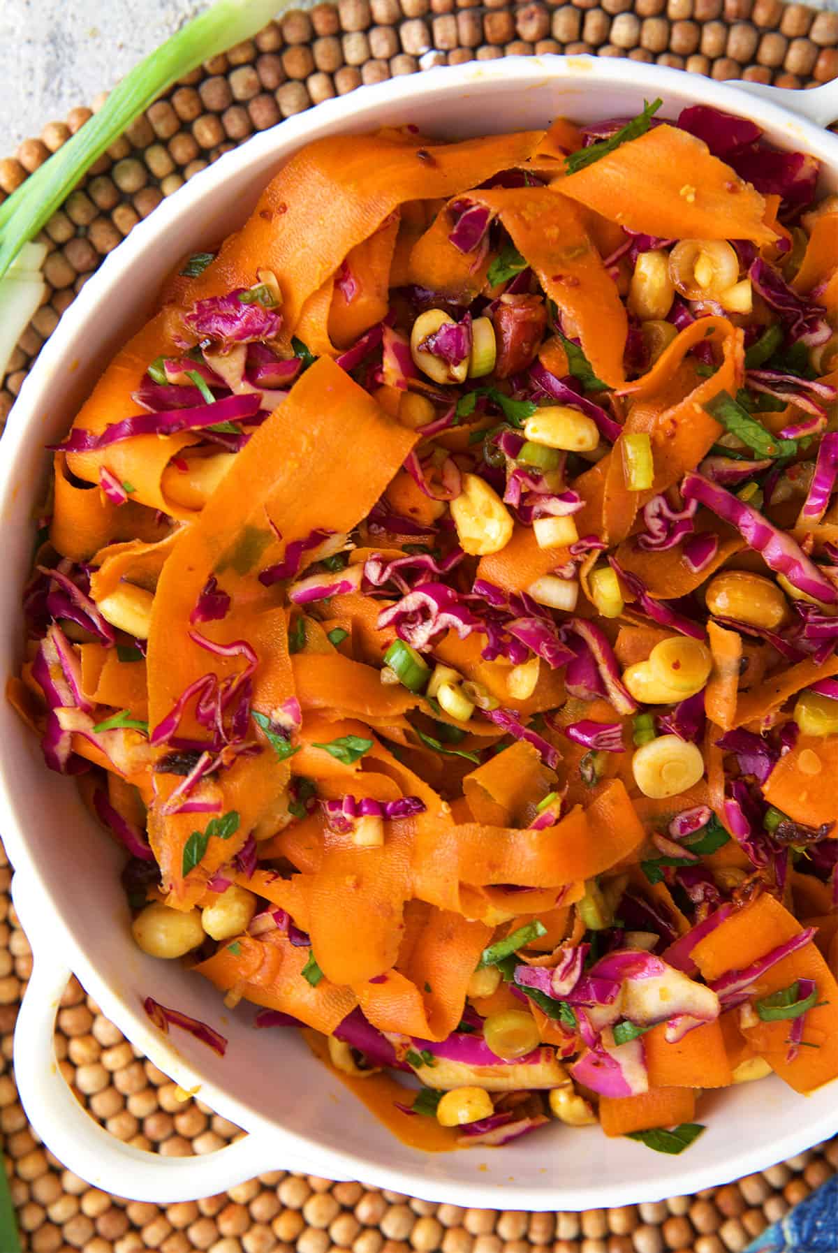 Carrot Ribbon Salad in a white bowl.