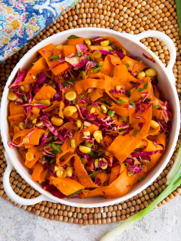 Carrot Ribbon Salad in a white bowl.