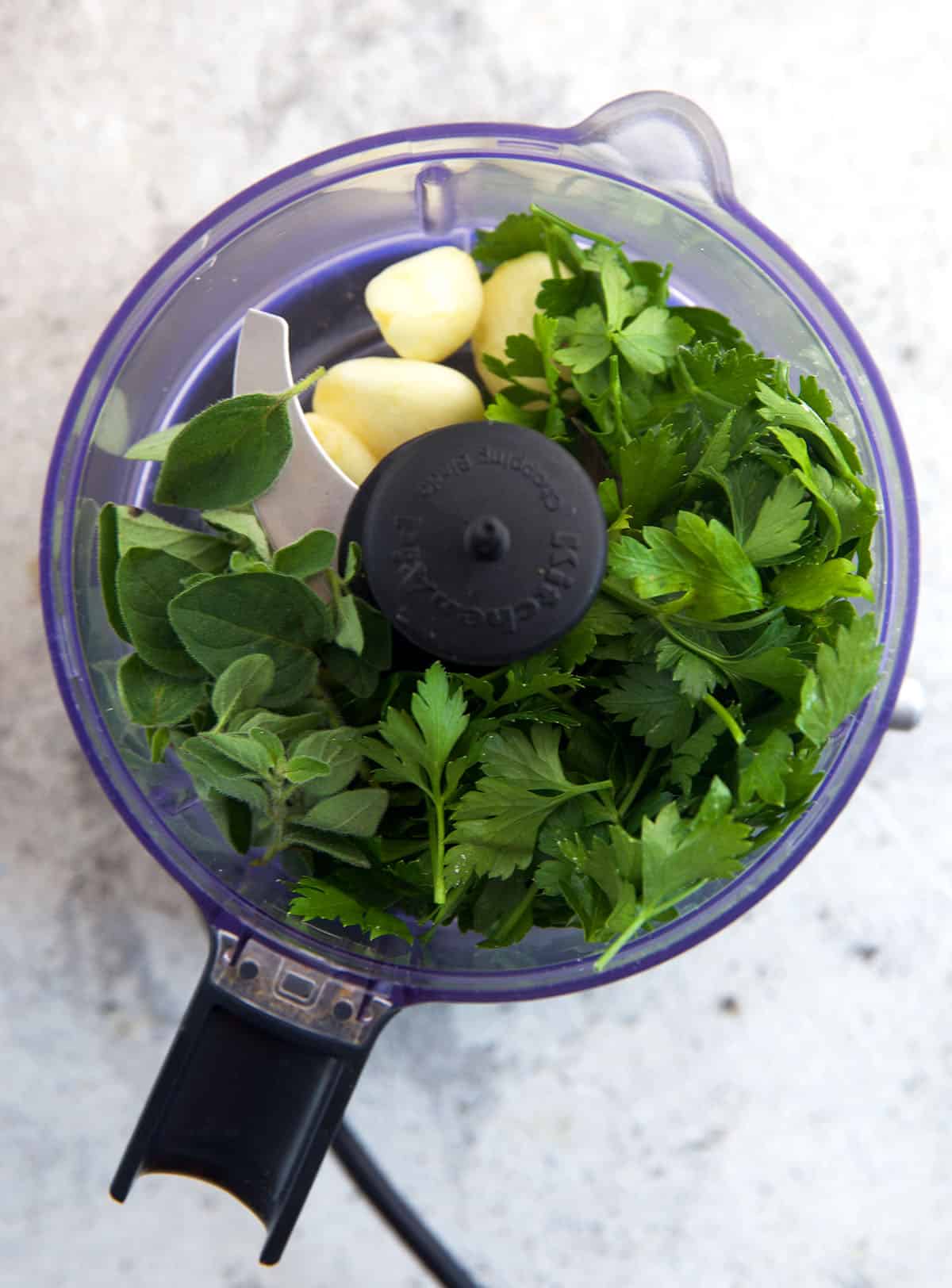 ingredients for chimichurri in a mini food processor