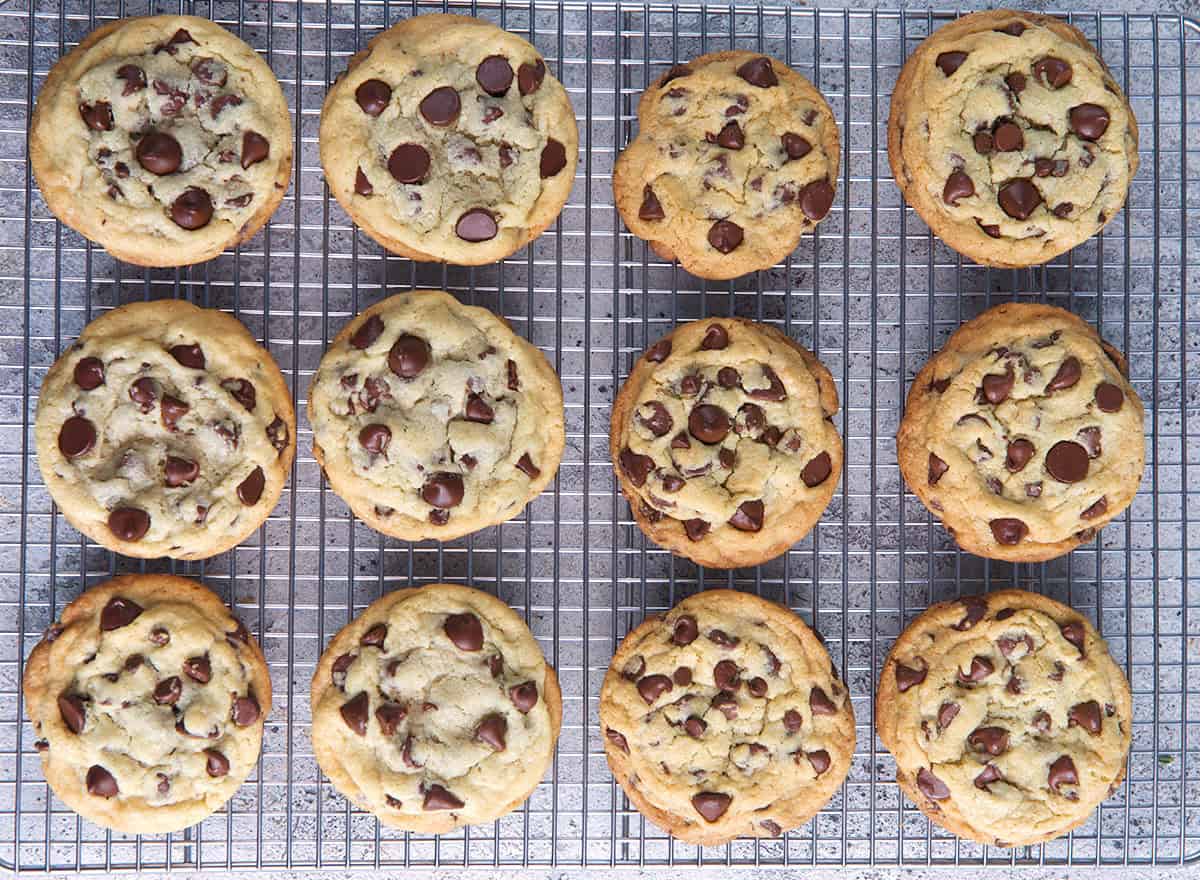 Chocolate chip cookies on a wire cooling rack
