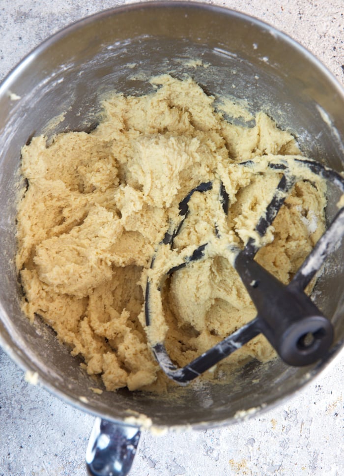cookie dough base for chocolate chip cookies with a mixing blade