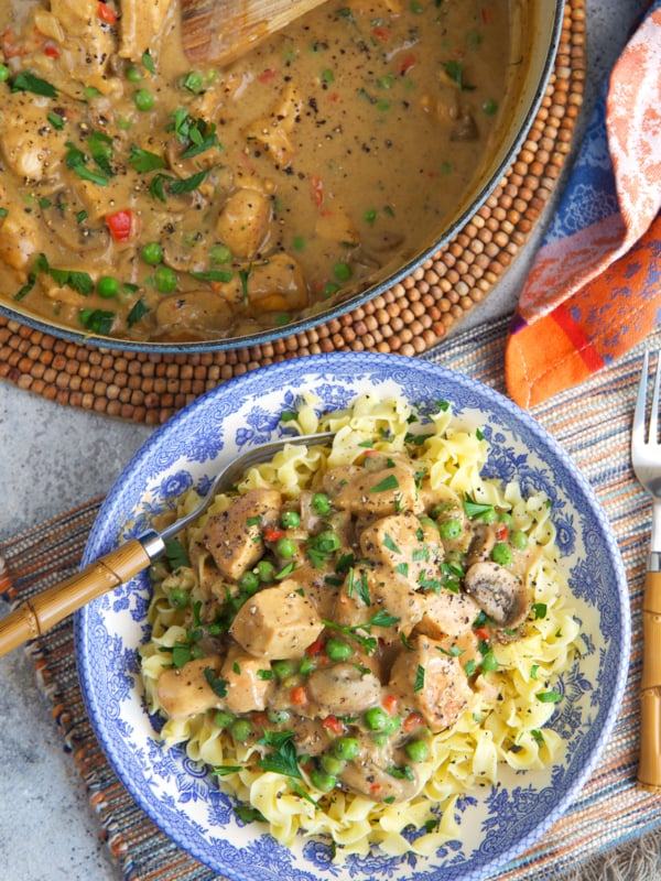 Chicken Ala King over noodles with a pot of stew next to the bowl
