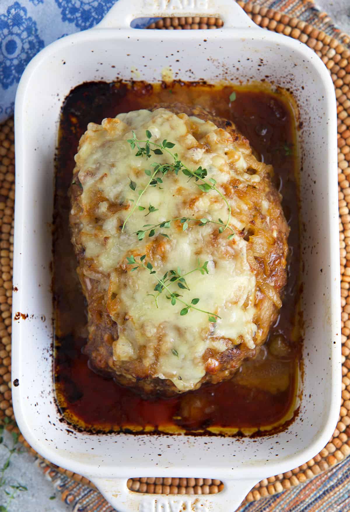 French Onion Meatloaf in a baking dish