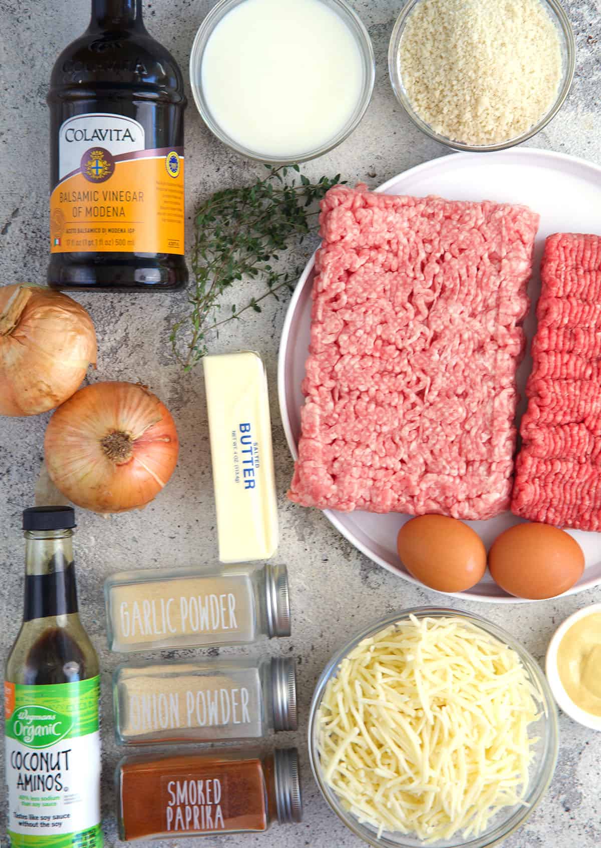 Ingredients for French Onion Meatloaf on a gray background