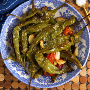 Roasted Long Hot Peppers in a blue and white bowl