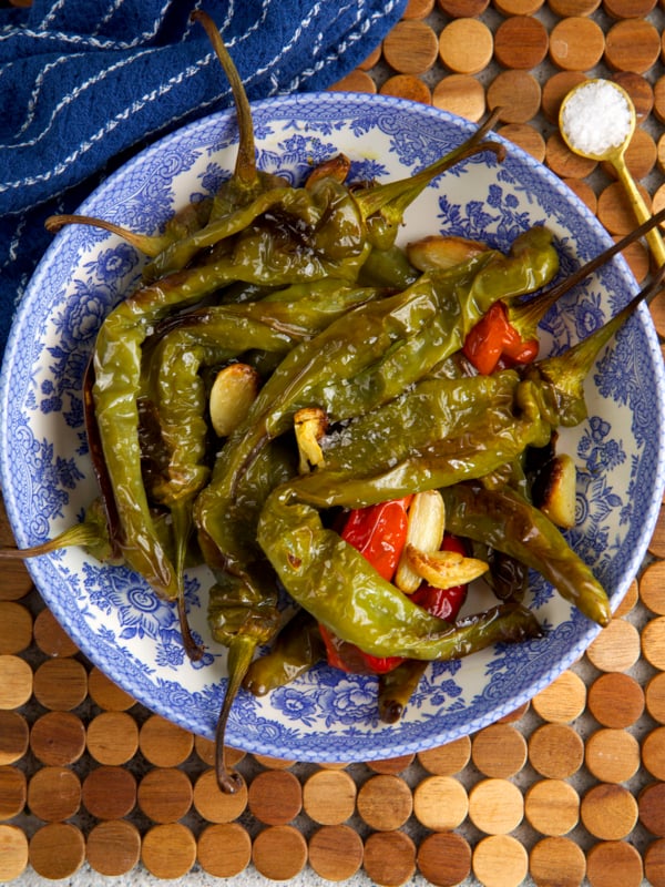 Roasted Long Hot Peppers in a blue and white bowl