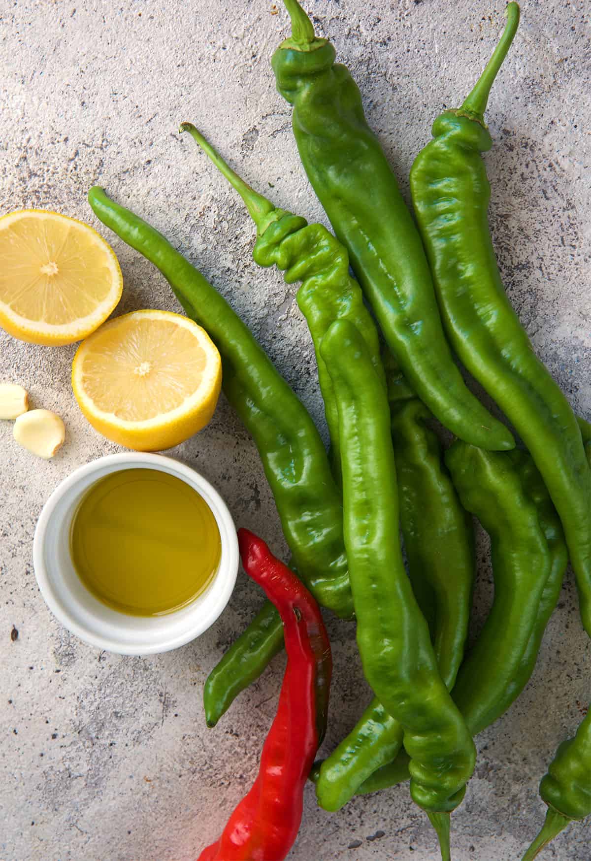 Ingredients for Italian Long Hot Peppers to roast with lemon, garlic and olive oil