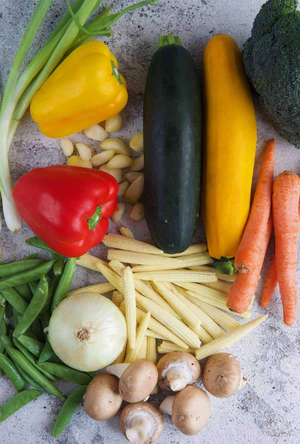 Stir Fry Veggies ingredients on a gray board