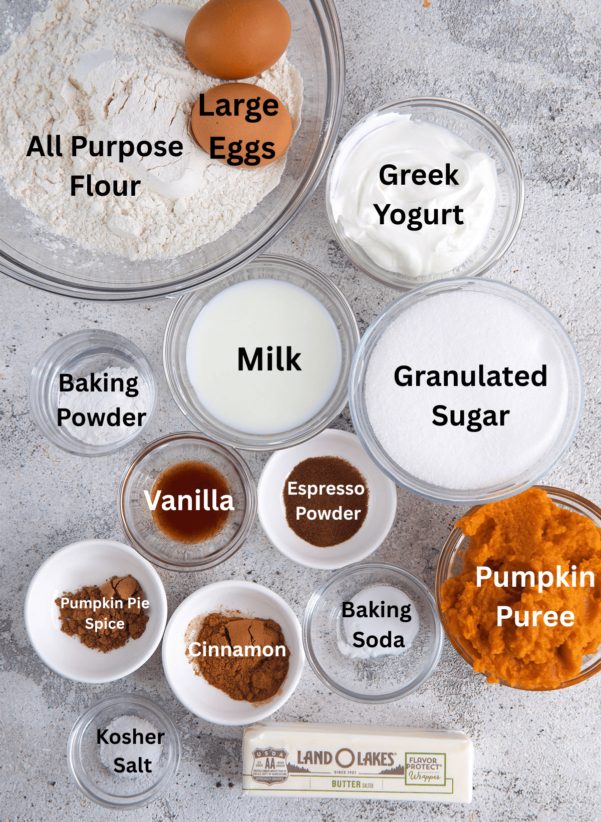 Ingredients for Pumpkin Coffee Cake on a gray background