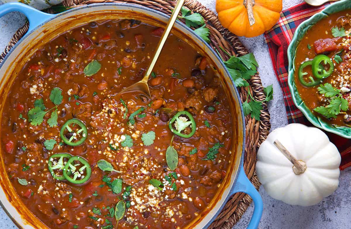 One-pot pumpkin chili in a Dutch oven.