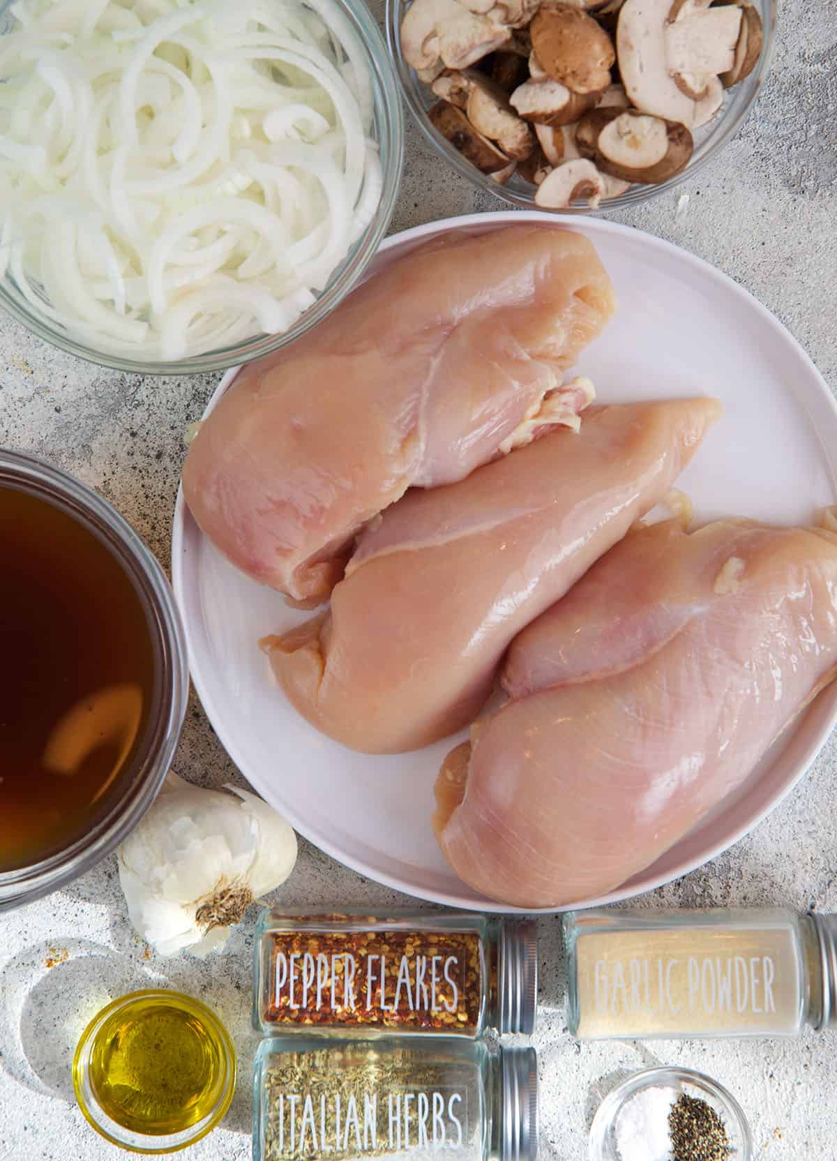 Ingredients for slow cooker chicken cheesesteaks