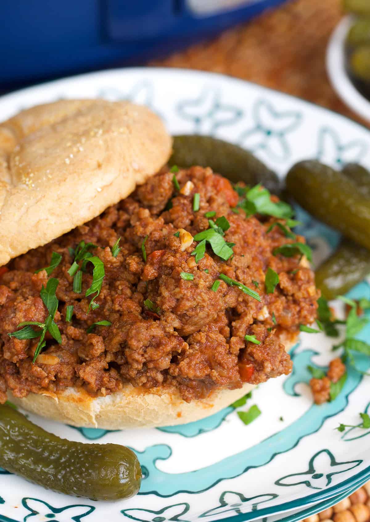 Crock Pot Sloppy Joe sandwich with pickles