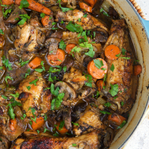 Southern Smothered Turkey Wings in a blue and white dutch oven