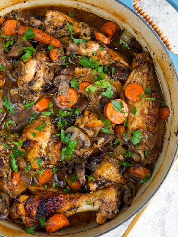 Southern Smothered Turkey Wings in a blue and white dutch oven